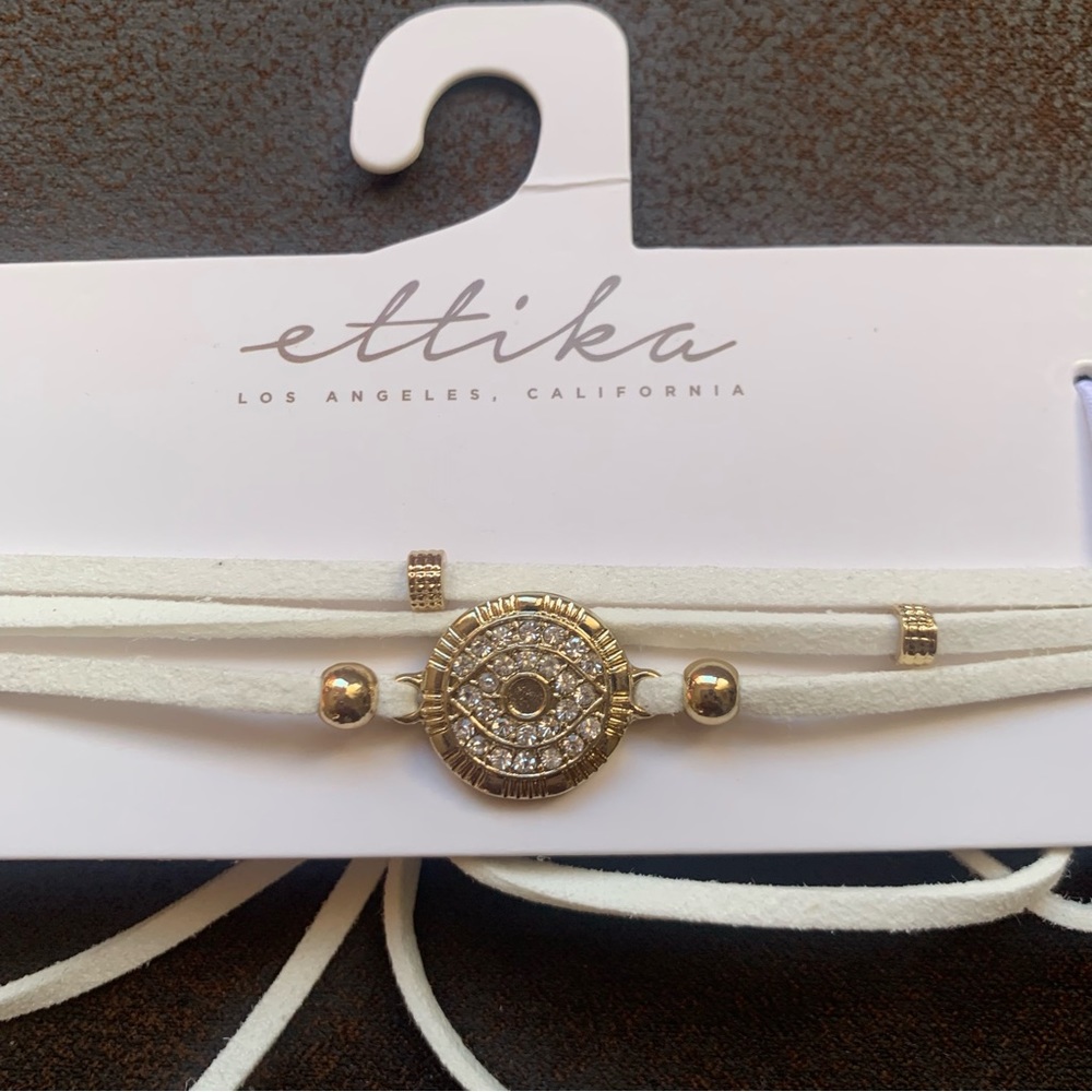 Revolve Ettika White Multi-Strap & Gold Plated Rhinestone Evil Eye Choker